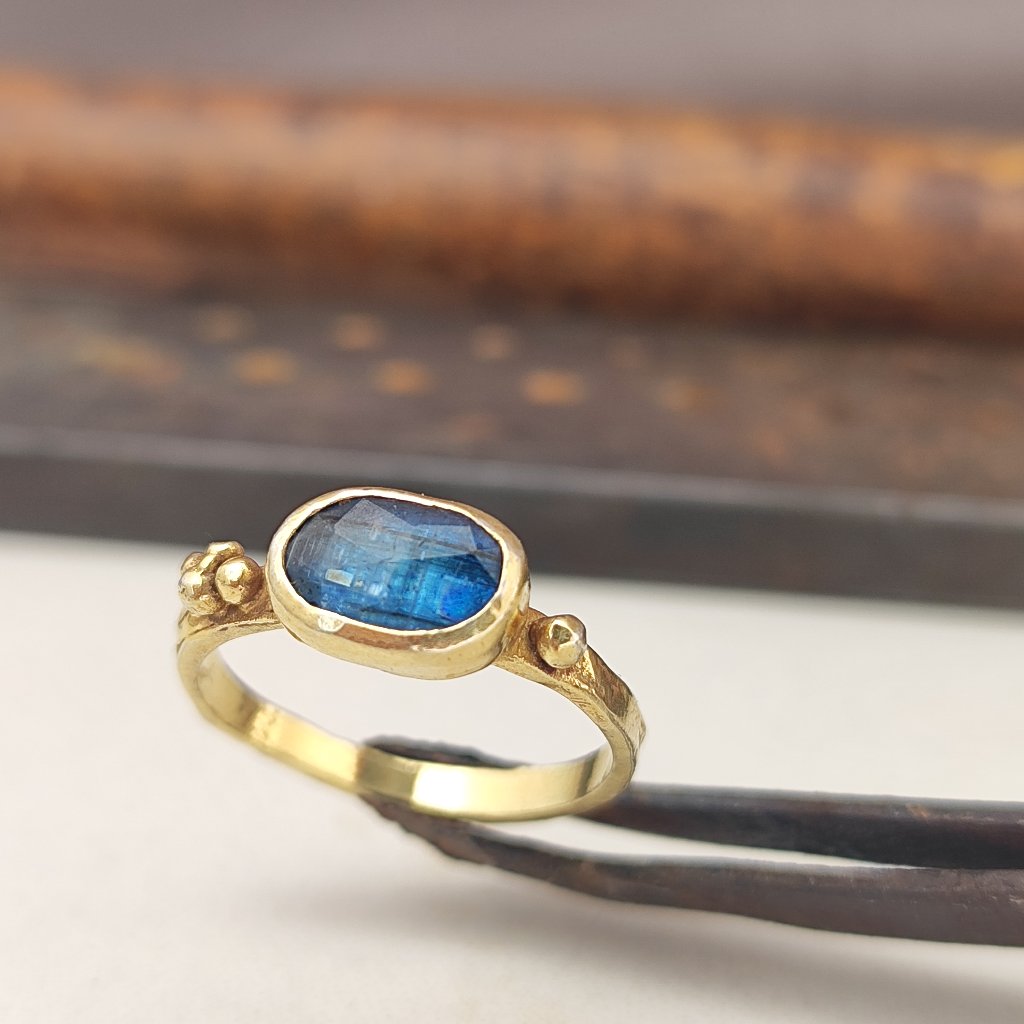 14k Yellow Gold Ring With Blue Kyanite Unique Handmade Beautiful Texture Ring 990$